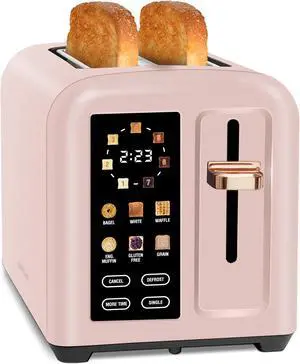 SEEDEEM Toaster 2 Slice, Touch Control Stainless Toaster LCD Display, 50% Faster Heating Speed, 1.4'' Wide Slots, More Timer Functions, Removable Crumb Tray, 1350W, Crystal Pink