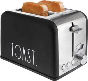 Rae Dunn Toaster, Stainless Steel 2 Slice Square Toaster, Wide Slot with 5 Browning Levels, with Bagel, Defrost and Cancel Options (Black)