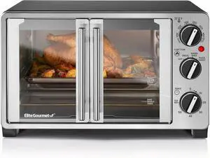 Elite Gourmet ETO2530M Double French Door Countertop Toaster Oven, Bake, Broil, Toast, Keep Warm, Fits 12" pizza, 25L capacity, Stainless Steel & Black