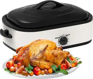 14 Quart Electric Roaster Oven, Turkey Roaster Electric, Roaster Oven Buffet, Selfbasting Lid, Removable Pan, Full-Range Temperature Control Cool-Touch Handles, White Body, Black Lid