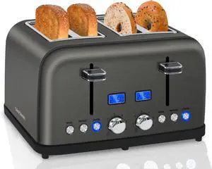 SEEDEEM Toaster 4 Slice, LCD Display, 6 Shade Settings, 1.5'' Wide Slots, Digital Stainless Toaster for Bagel, Defrost, Reheat, Dual Control, Removable Crumb Tray, 1500W, Dark Metallic