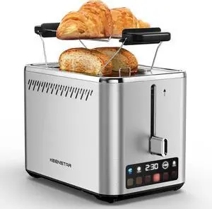 Touch Screen 2-Slice Toaster with 6 Browning Levels, Bagel, Defrost & Timer, Wide 1.5" Slots, Removable Crumb Tray, 900W Stainless Steel Smart Toaster for Bagels, Breads & Waffles