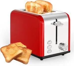 Simple Deluxe 2-Slice Toaster, 6 Browning Setting and 3 Function Stainless Steel Toaster, Extra Wide Slot & Removable Crumb Tray, for Bread & Waffle, Red