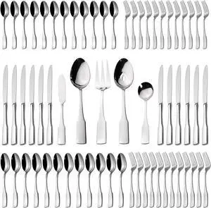 Alata Kate 65-Piece Silverware With Utensil-Serving Set, Service for 12, Stainless Steel Flatware, Mirror Polished Cutlery, Dishwasher Safe