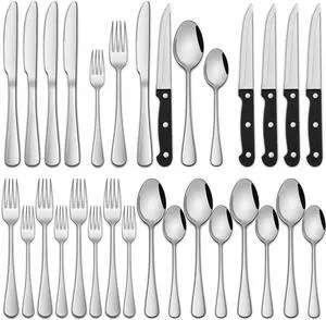 24-Piece Silverware Set with Steak Knives,Flatware Set Service for 4 Person, Food-Grade Stainless Steel Tableware Cutlery Set, Mirror Finished Utensil Sets for Home Restaurant