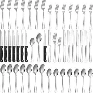 48-Piece Silverware Set with Steak Knives Stainless Steel Flatware Set for 8 Food Grade Tableware Cutlery Set Rust-proof, Mirror Polished, Dishwasher Safe