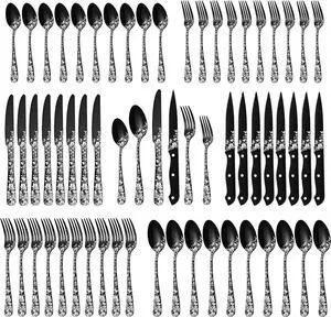 Stapava 48-Piece Black Silverware Set with Steak Knives, Stainless Steel Cutlery Flatware Set for 8, Utensil Sets Include Forks Spoons and Knives for Home Kitchen, Mirror Polished, Dishwasher Safe