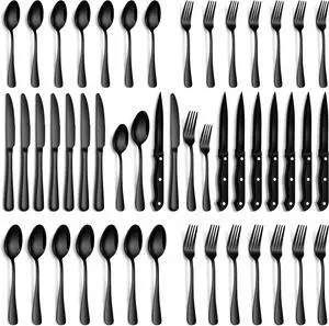 Black Silverware Set, 48-Piece Flatware Set with Steak Knives for 8, Stainless Steel Mirror Cutlery Include Forks Spoons and Knives Set, Dishwasher Safe Utensils Set for Home Restaurant