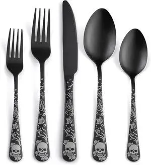 40 Piece Skull Pattern Matte Silverware Set for 8, Black Flatware set Service for 8,Gothic Unique Skull Pattern Design,18/0 Stainless,Satin Finish Cutlery for 8,Dishwasher Safe