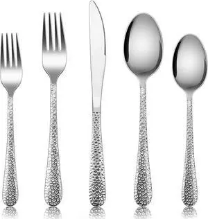 Silverware Set for 12, E-far 60-Piece Hammered Flatware Cutlery Set, Stainless Steel Eating Utensils for Kitchen Hotel Restaurant Party, Modern Design & Mirror Finished - Dishwasher Safe
