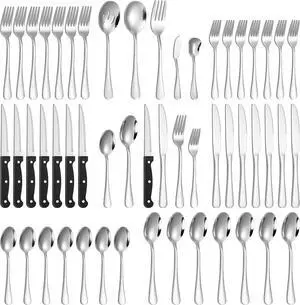 Lazycorner 53 Piece Silverware Set for 8, Flatware Set with Steak Knives for 8 and 5 Public Serving Use Set 18/10 Stainless Steel Serving Utensils Set Cutlery Set For Restaurant Hotel Dishwasher Safe