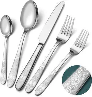 40 Piece Flatware Set, Service for 8, EIUBUIE Premium Stainless Steel Cutlery Set, Mirror Polished Silverware Sets with Pattern Handle, Modern Kitchen Eating Utensils Sets