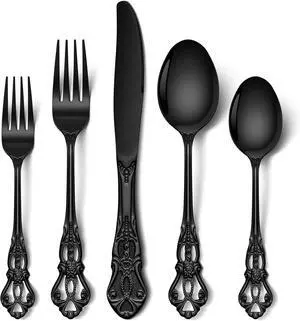Stapava 20 Pcs Black Silverware Set, Gorgeous Retro Royal Silverware Set for 4, Stainless Steel Mirror Flatware Cutlery Set, Include Forks Spoons and Knives Set, Dishwasher Safe Utensils