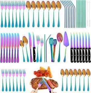 69 Piece Rainbow Silverware Set with Steak Knife Service For 8, Colorful Flatware Cutlery Set Stainless Steel Utensils Mirror Polishe Spoons and Forks with Metal Straw, Slotted Spoon, Tongs, Tableware