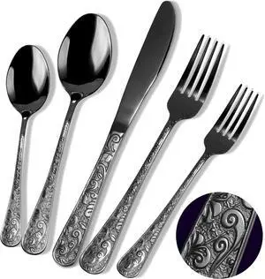 Chuleno Vintage Floral Carved Black Silverware Set for 6, 30 Pieces Stainless Steel Flatware Set with Knife/Fork/Spoon, Cutlery Set for Home and Kitchen, Mirror Polished Utensil Set for Gift