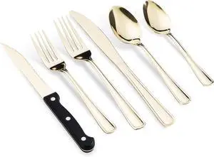 24 Pcs Silverware Set with Steak Knives, 18/0 Stainless Steel Flatware Set for 4, High Mirror Polished Tableware Utensils Set, Include Knife Fork Spoon Set, Dishwasher Safe, Champagne Gold