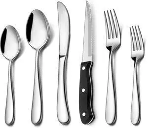48-Piece Heavy Duty Silverware Set with Steak Knife for 8, LIANYU Stainless Steel Flatware Set, Fancy Thick Cutlery Eating Utensils Include Forks Knives Spoons, Mirror Finished, Dishwasher Safe