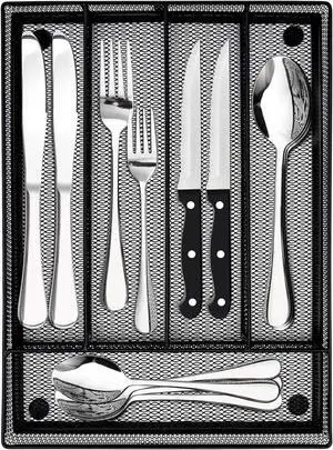 LIANYU 24-Piece Silverware Set with Steak Knives for 4, Plus Drawer Organizer, Stainless Steel Flatware Cutlery Set, Modern Eating Utensils Tableware Include Forks Sppons Knives, Dishwasher Safe