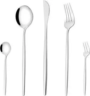 Mirror Modern Flatware Set for 4, 20-Piece Stainless Steel Silverware Set, LaienLife Unique Utensils with Long Forks Spoons and Knives Sets, Great for Home and Restaurant, Dishwasher Safe - Silver