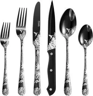 24-Piece Black Jungle Silverware, Service for 4, Stainless Steel Flatware Set with Steak Knives, Mirror Polished Cutlery Set, Hand Wash Recommended