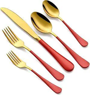 20-Piece Gold and Red Silverware Set for 4, 18/0 Stainless Steel Flatware Cutlery Utensils Set, Include Dinner Knives,Dinner Forks,Dinner Spoons,Salad Forks,Teaspoons,Dishwasher Safe, ZT-2223