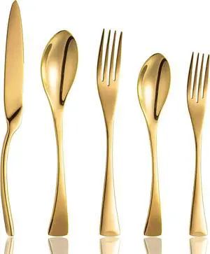 20 Piece Gold Flatware Silverware Cutlery Sets,unique modern look,Home & Kitchen Stainless Steel Dinnerware/Tableware/Utensils set For 4,Include Knives/Forks/Spoons Dishwasher Safe