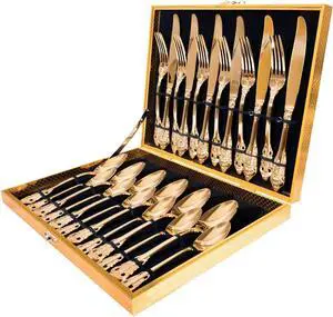 ZCF 24-Piece Gold Flatware Silverware Set,18/10 Heavy Duty Stainless Steel Flatware Service for 6,Cutlery Include Knife/Fork/Spoon/Coffee Spoon,Mirror Polished, Dishwasher Safety