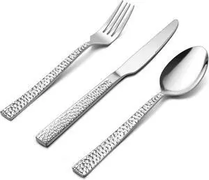 E-far 36-Piece Hammered Forks Spoons and Knives Set, Silverware Set for 12, Stainless Steel Square Flatware Set for Home Kitchen Restaurant, Mirror Polished & Dishwasher Safe
