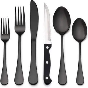 LIANYU 36-Piece Black Silverware Set with Steak Knives, Stainless Steel Flatware Cutlery Set for 6, Modern Eating Utensils Tableware, Mirror Finish, Dishwasher Safe