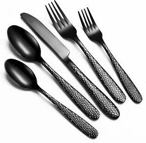 Black Hammered Silverware Set, 40-Piece Heavy Duty Stainless Steel Flatware Sets for 8, Food-Grade Cutlery Set for Home Restaurant, Mirror Polished, Dishwasher Safe