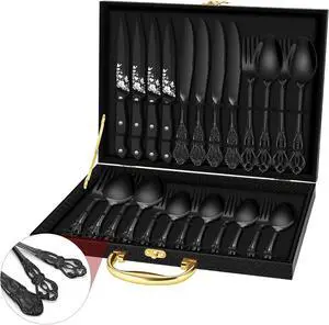 EUIRIO Black Silverware Set for 4, 24 Pieces Stainless Steel Royal Flatware Set, Cutlery Set Include Forks Spoons Knives and Silverware Gift Box with Handle for Holiday Present, Dishwasher Safe
