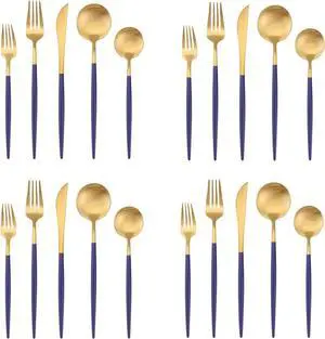 Matte Gold Silverware Set with blue handle, Bysta 20-Piece Stainless Steel Flatware Set, Kitchen Utensil Set Service for 4, Tableware Cutlery Set for Home and Restaurant, Satin Finish, Dishwasher Safe