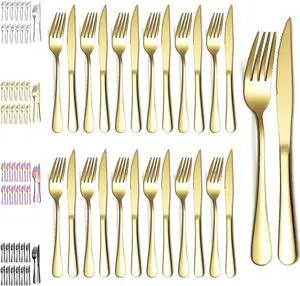 Evanda Gold Steak Knives Set 24 Piece, Gold Titanium Plating Stainless Steel 12 Dinner Forks and 12 Dinner Knives Set, Steak Knives Steak Forks, Dishwasher Safe
