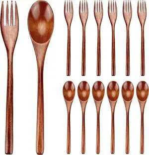 12 Pieces Wooden Forks and Spoons for Eating Utensil Set Lunch Wooden Cutlery Japanese Silverware Sets Flatware Reusable Bamboo Small Utensils Korean Mini Wooden Spoon Fork Set