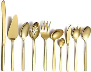 Berglander Gold Serving Utensils 10 Pieces, Titanium Golden Plating Serving Spoons, Included Cake Knife Cake Server Serving Forks Sugar Spoon Salad Spoon Forks Butter Knife Gravy Ladle ect.