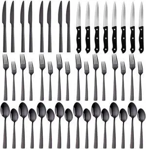 48-Piece Silverware Set With Steak Knives Stainless Steel Flatware for 8 Food-Grade Tableware Cutlery for Home Restaurant, Mirror Finish, Dishwasher Safe (Black 48 Piece)