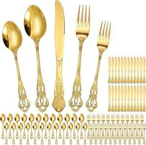Dandat 120 Pcs Retro Royal Silverware Set Stainless Steel Flatware Set Anti Rust Kitchen Utensils Mirror Polished Cutlery Include Spoon Fork Knife for Dinnerware Wedding Birthday Party Favor (Gold)