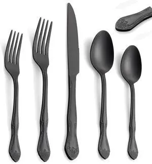 Rose Flower Pattern Silverware Set, Matte Black 30-Piece Stainless Steel Flatware Cutlery Set for 6, Satin Finish Fork Spoon Knife Set, Dishwasher Safe