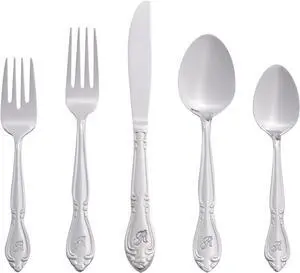 RiverRidge Rose Monogrammed Flatware Set 46 Piece Silverware - R - Utensils Set with Serving Pieces, Heavy Gauge Stainless Steel, Mirror Finish, Dishwasher Safe Cutlery for Daily Use