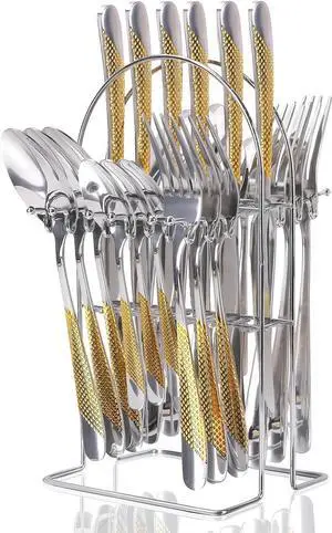 Gold Silverware Set, Caliamary 24 Pieces Flatware Set with Silverware Holder, Stainless Steel Knives and Forks and Spoons Cutlery Set Service for 6, Kitchen Utensil Tableware Set with Antiskid Handle