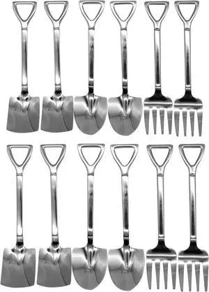 12Pcs Shovel Spoons and Fork Set 18/10(304) Stainless Steel Spade Shape Silverware Set 6.1inch Mini Spoon for Dessert Coffee Yogurt Cake Fruit Ice Cream