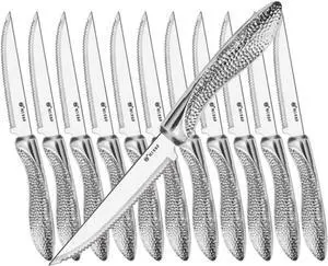 Serrated Steak Knives Set of 12, Stainless Steel Sharp Blade Flatware Steak Knife Set, Hammered Pattern Hollowed Handle,4.5 In,For Kitchen Restaurant Tableware,Dishwasher Safe