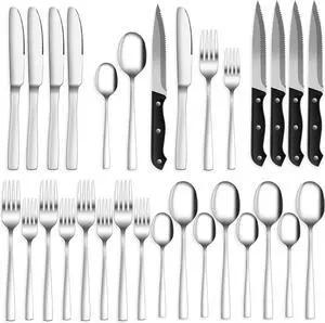 24-Piece Silverware Set Flatware Set for 4, Mirror Polished Stainless Steel with Steak Knives - Dishwasher Safe Kitchen Utensil sets for Home, Wedding, Restaurant
