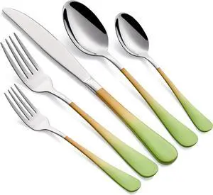 Colorful Silverware Set 20 Piece 18/0 Stainless Steel Flatware Green and Orange Handle Cutlery Set Service for 4 Fork Knife Spoon Set Mirror Finish Dishwasher Safe