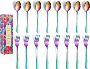 Rainbow Dinner Forks and Spoons Silverware Set, 16-Piece Stainless Steel Flatware Cutlery for Kitchen Home Restaurant, Iridescent Fork and Tablespoon