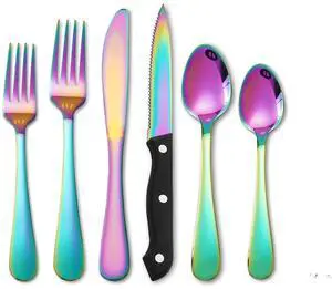 Rainbow Silverware Sets with Steak Knife - 24 PC Stainless Steel Silverware Sets Service for 4 Dishwasher Safe, Mirror Polished Flatware Set For Home,Restaurant,Hotel, Wedding, Parties