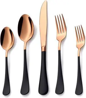 20 Piece Rose Gold and Black 18/0 Flatware Utensil Set for 4, Include Dinner Knife,Dinner Forks,Dinner Spoons,Salad Forks,Teaspoons,Silverware Set for 4, Dishwasher Safe