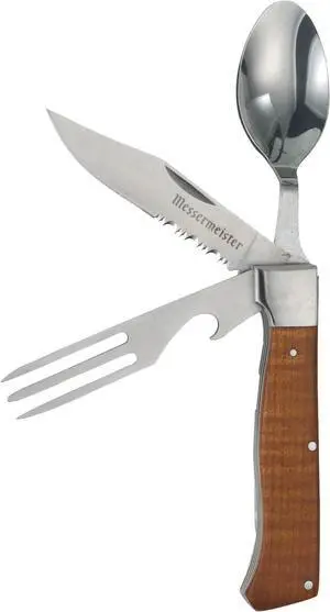 Messermeister Adventure Chef Folding Camp Utensil - Full-Sized Steak Knife, Fork, Spoon + Bottle Opener - 303 Stainless Steel & Carbonized Maple Handle