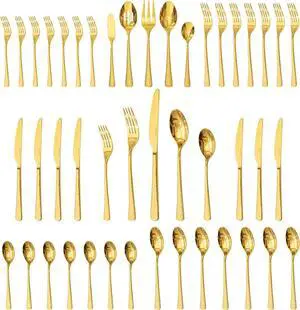 KINGSTONE Gold Hammered Silverware Set, Flatware Set with Serving Utensils, 18/10 Stainless Steel Premium Cutlery with Unique Ripple Handles Design Mirror Polished - Dishwasher Safe (45-Piece)