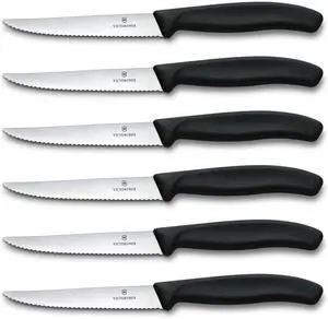 Victorinox 6.7233.6 Swiss Classic Steak Knife Set Ideal for Slicing a Wide Variety of Steak Cuts Serrated Blade in Black, Set of 6